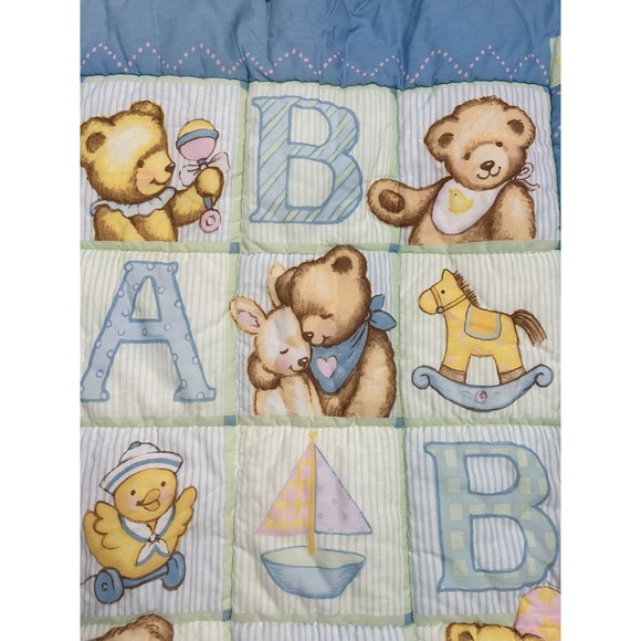 Vintage 90s Springmaid Baby Quilt Alphabet Blocks Blue Jeans Teddy Cottagecore - Picture 4 of 7